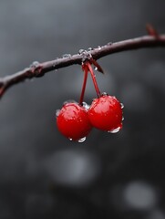 Poster - Two vibrant red berries hanging on a branch with dew drops symbolizing freshness and natural beauty : Generative AI