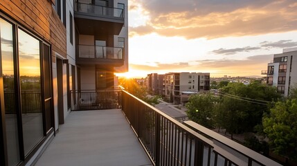 Aufkleber - Balcony view of modern apartments during sunset with trees and buildings in the background : Generative AI