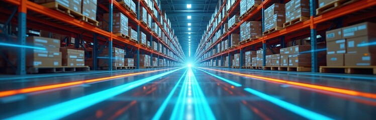 Poster - Smart warehouse operation glowing paths digital cargo tracking. Futuristic distribution storage center with order fulfillment system, automation, modern logistic process. Innovation, tech.