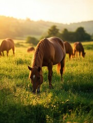 Aufkleber - Grazing horses in a golden sunset pasture showcasing natural rural beauty and tranquility