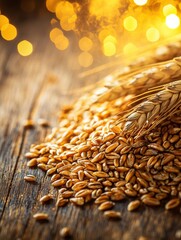 Aufkleber - Golden wheat grains spread over a rustic wooden table with captivating warm reflections and soft lighting for a premium food concept