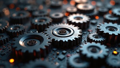 Leinwandbilder - Illustration interconnected gears on dark background. Represents automation, efficiency, seamless integration of modern processes. Gears symbolize teamwork, industry, mechanical engineering,