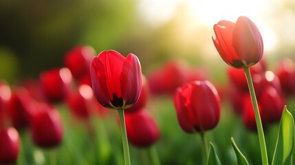 Aufkleber - Vibrant Red Tulips Blooming in Morning Light Bringing Life to the Garden with Soft Focus Background : Generative AI