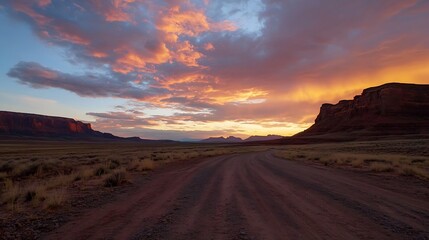 Leinwandbilder - Stunning Desert Landscape with Dramatic Sunset Over Winding Road : Generative AI