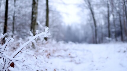 Aufkleber - A closeup view of a snowcovered forest path with frosty branches creating a winter wonderland : Generative AI