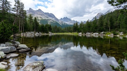 Poster - Serene mountain lake reflecting majestic peaks and lush greenery during a calm day : Generative AI