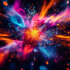 abstract cosmic explosion with glowing particles, vibrant neon tones, dynamic and energetic motion, 