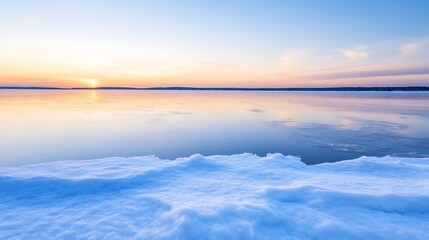 Poster - Winter sunset casting a soft glow over a frozen lake with snowcovered banks and clear sky : Generative AI