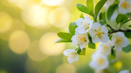 Poster - Delicate white flowers blooming on a branch surrounded by a soft bokeh effect of green and warm yellow hues : Generative AI