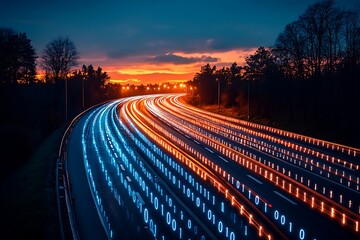 Binary Code on Road with Car Light Trails Under Evening Sky Data Stream, Digital Age