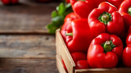 Poster - Fresh and vibrant red bell peppers stacked in a wooden crate on a rustic table : Generative AI