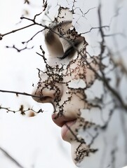 Poster - Artistic portrait showcasing a woman's face intertwined with cracked textures and natural elements : Generative AI
