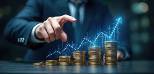 Poster - Businessman touches growth chart above stack coin piles. Rising arrow, financial market concept. Success, investment, business strategy, profit, capital, trend, finance, economic growth, trade.