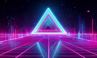 Wall Mural - A glowing holographic pyramid floats in a dark void, its layers shifting and pulsing with neon pink, green, and blue light. Abstract futuristic aesthetic