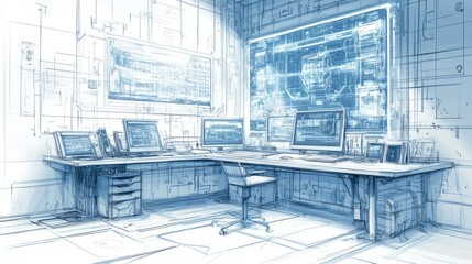 digital workspace concept with high-tech monitors and blueprints