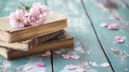 Poster - Stack of vintage books adorned with beautiful pink flowers on a rustic wooden table : Generative AI