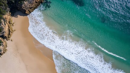 Aufkleber - Aerial view of a pristine beach with gentle waves and turquoise water inviting relaxation and nature appreciation : Generative AI