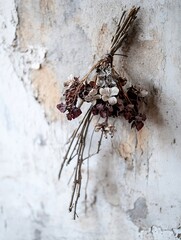 Aufkleber - Dried floral arrangement hanging decoratively on a textured wall background with rustic charm : Generative AI