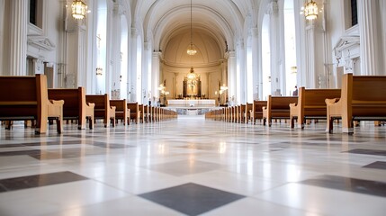 Aufkleber - Perspective View of Elegant Church Interior Featuring Tall Pillars and Wooden Benches : Generative AI