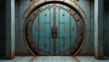 Poster - Futuristic sci-fi metal door in aged industrial setting. Old rust-eaten architecture, grunge wall, iron padlock, closed entrance, building. Texture shows paint decay.