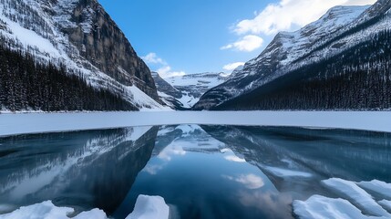 Aufkleber - Stunning Winter Landscape of a Frozen Lake Surrounded by SnowCapped Mountains : Generative AI