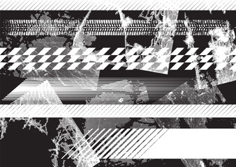 Aufkleber - Glitch distorted grunge layer . Noise destroyed texture. Checkered race grunge flag . Overlay grunge texture .Distressed effect .Vector shapes with a speed lines and tire tracks screen print texture.