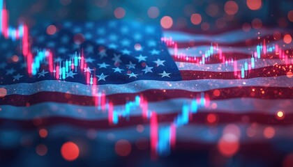 Aufkleber - American flag with stock market graph charts. Finance, business, economy, investment concept. USA elections affect stock market performance. Economic indicators, financial report, trading, profit.