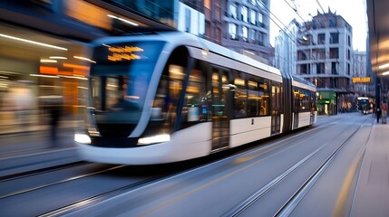 Poster - Fastmoving tram on city street blurring passed urban scenery capturing the essence of travel : Generative AI