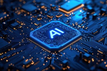 Wall Mural - close-up of an ai chip on a motherboard in blue lighting