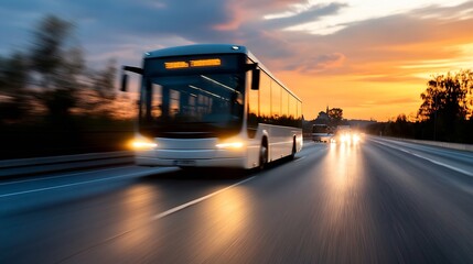 Poster - Dynamic city bus speeding along a road during a stunning sunset creating a captivating scene : Generative AI
