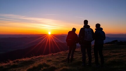 Wall Mural - Silhouetted figures enjoying a breathtaking sunset view from a mountain top : Generative AI