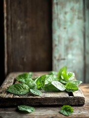 Poster - Fresh and vibrant mint leaves arranged elegantly on a rustic wooden surface for a natural look : Generative AI