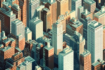  Aerial cityscape of buildings in stylized colors.