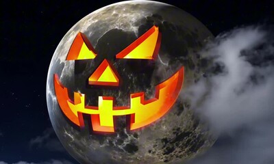 Wall Mural - A giant full moon with a glowing jack-o'-lantern face, shifting and laughing as it flickers light across the moon's surface. Halloween surreal aesthetic