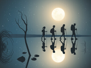 Sticker - Family travel. People on water shore with trekking poles. Full moon