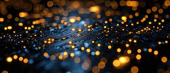 Abstract dark blue surface with glowing orange lights, bokeh effect.  Circuit-like pattern