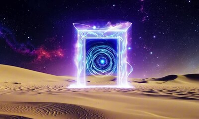 Wall Mural - A glowing portal crackles with shifting celestial energy, standing alone in an infinite desert of golden sand, reflecting galaxies within its frame. Fantasy cosmic aesthetic