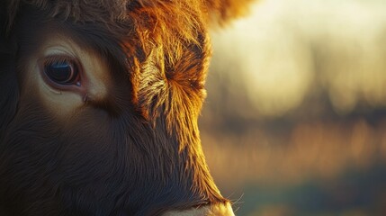 Aufkleber - Close-up view of a cows face showing soft fur textures and warm sunlight highlighting rural farm ambiance