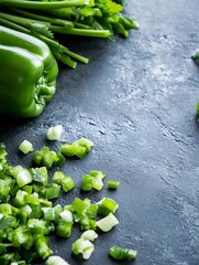Poster - Fresh green pepper and chopped vegetables displayed on a dark surface demonstrating a vibrant culinary scene : Generative AI