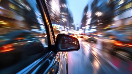 Poster - Dynamic urban scene captured from a moving vehicle showcasing vibrant city lights and rainy reflections : Generative AI