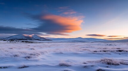 Poster - Stunning panoramic view of snowcovered hills and a dramatic sky displaying the colors of a vibrant sunset : Generative AI