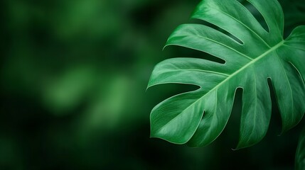 Poster - Closeup of a vibrant green monstera leaf on a blurred dark background creating a serene feel : Generative AI