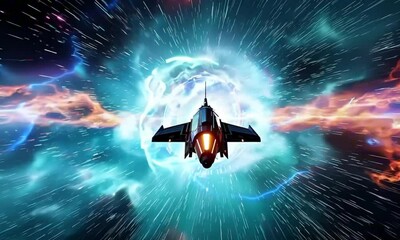 Wall Mural - A sleek starship navigates through a glowing cosmic storm surrounded by vibrant electric currents and swirling nebulae. The ship’s shields pulse as they absorb waves of energy. Cosmic sci-fi aesthetic