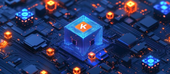 Abstract Digital Cube 'K' on Circuit Board: A Futuristic Tech Concept