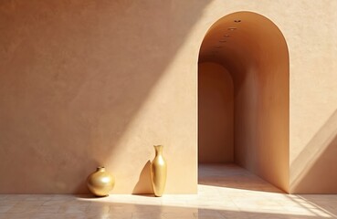 Poster - Mediterranean architecture interior with earth-color wall texture, arched entrance. Sunlight on wall and floor. Golden vases near wall. Luxury interior design, minimal style, travel tourism concept.