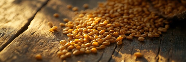 Aufkleber - Golden wheat grains resting on a rustic wooden table illuminated by warm, luxurious lighting