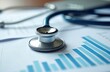 © miss irine - Stethoscope rests on financial report with upward trending graph, symbolizes growth in healthcare. Positive dynamics in medical area. Healthcare industry concept. Blue silver colors.