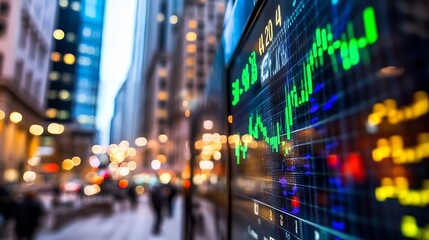 Poster - Dynamic stock market display with vibrant graph trends and city backdrop showcasing financial activity : Generative AI