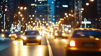 Poster - Blurred view of busy city street at night with bright lights and moving cars : Generative AI