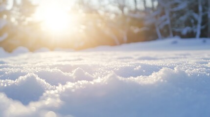 Fototapete - Glistening snowflakes on a serene snowy landscape with the sun shining through trees : Generative AI